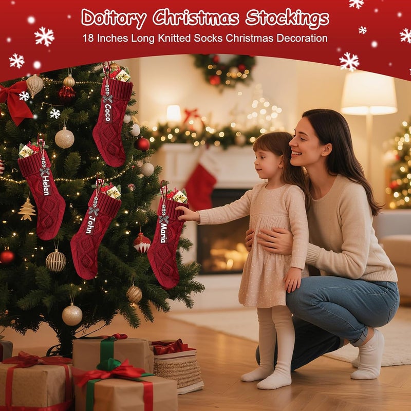 Doitory Store Christmas Stockings 18 Inches,Long Knitted Stocking with Name Tags, Christmas Decoration Hanging Stockings Fireplace Xmas Tree Ornaments for Home Family - Image 2